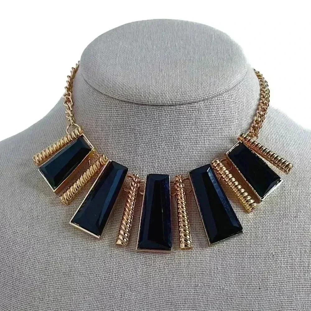Geometric Gold and Black Statement Necklace Bohemian Boho Chic